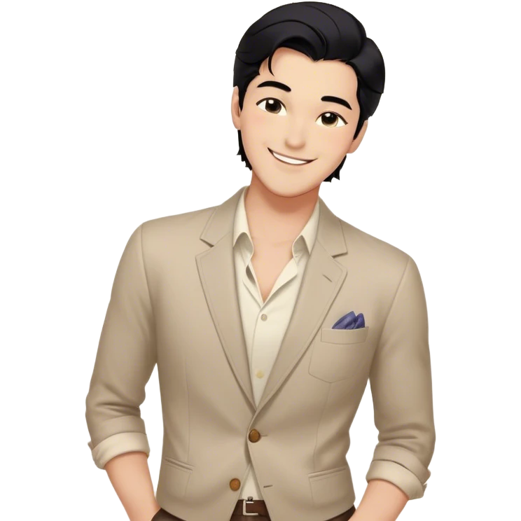 A confident man with black hair, a charming smile, and a stylish outfit. He stands with a relaxed posture, winking at someone, exuding an air of charm and charisma. His appearance is well-groomed, and he gives off a confident yet mischievous vibe, with one eye closed in a playful wink emoji