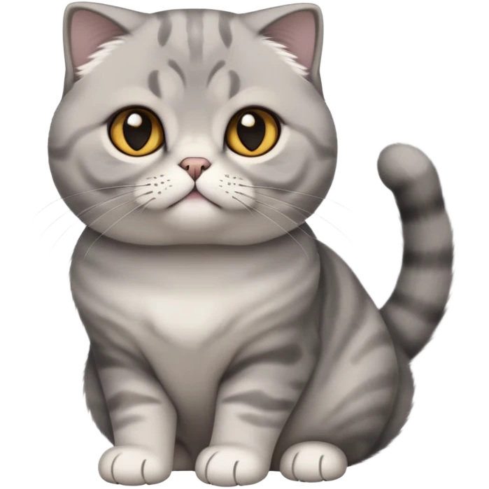  Cinematic-Scottish-Fold-Cat-Realistic-Full-Body-Sitting-Emoji – Tail curled playfully around its paws, head tilted dramatically, soft solid grey fur, signature folded ears adding to its distinctive charm, simplified yet realistic focused features, highly detailed, glowing with an almost sarcastic glow, round amber eyes radiating intelligence and mischief. emoji