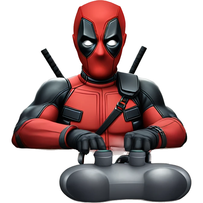 Deadpool holding xbox controller sitting at a desk, front view emoji