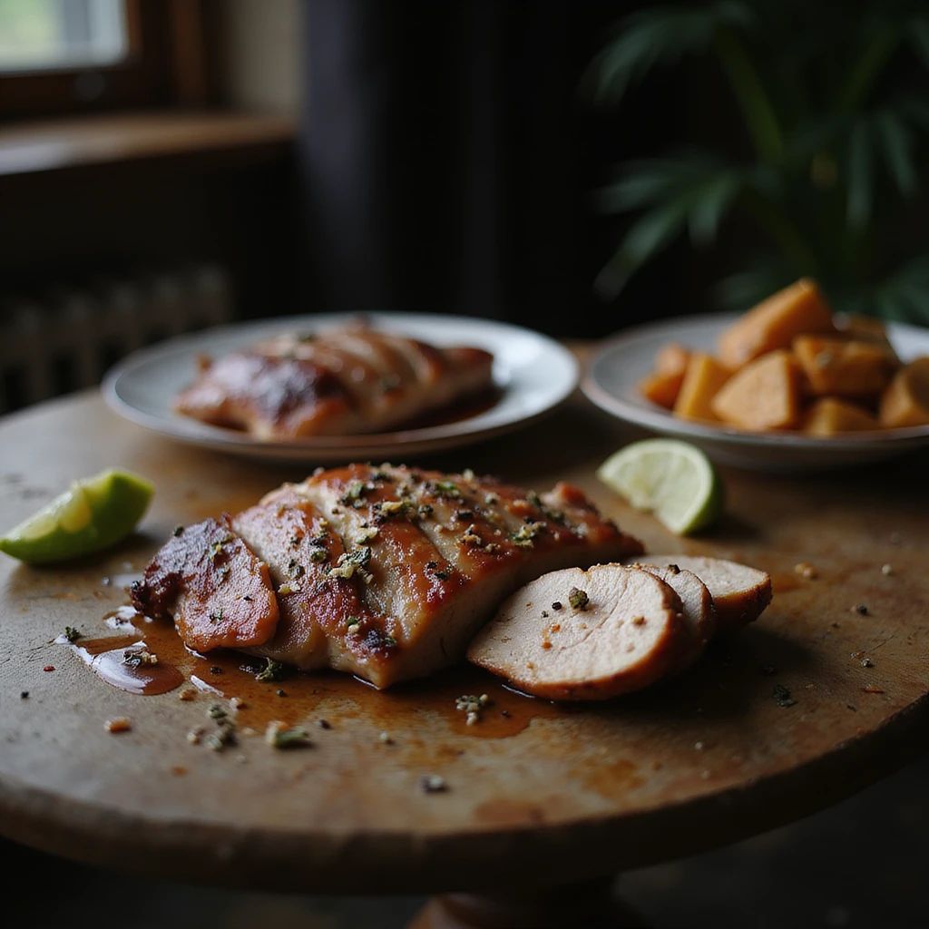 realistic scene: table set with cooked pork meat dishes, one slice cut showing parasites still present, atmosphere of doubt and caution, 4K quality emoji