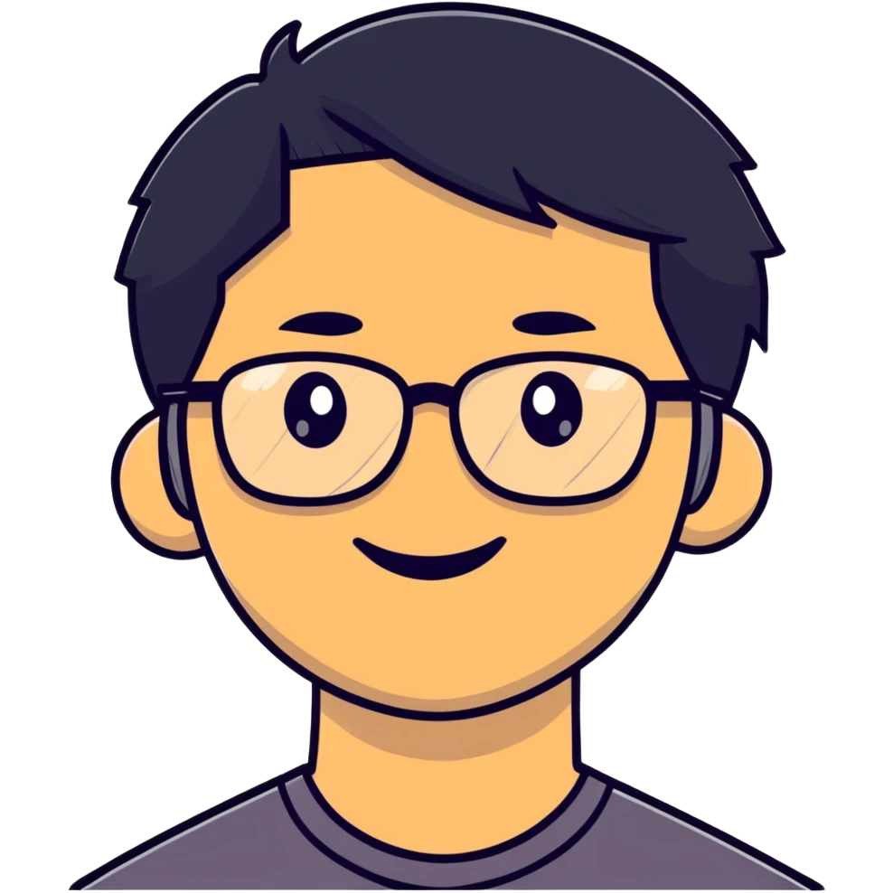 Asian man with short black hair, glasses, friendly smile, Josh Lim character emoji