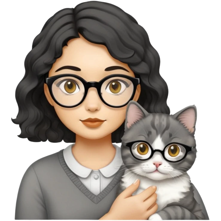 Young woman with oval face and warm yellow-toned skin, black wavy hair, thin-framed glasses, holding a grayish-white Munchkin cat with short legs and charcoal-gray marking under its mouth emoji
