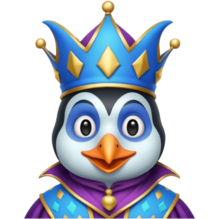 crazy colorful little penguin jolly joker, medieval, vintage, court jester, mac os icon, blue color emoji