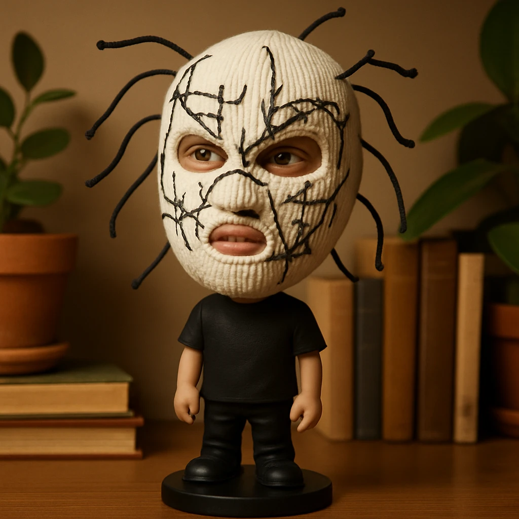 The mask is a full-head, white knitted balaclava with a tight ribbed texture. It features two asymmetrical eye openings and a partially exposed mouth area. Black thread is stitched across the surface in chaotic, abstract lines that trace facial features, giving a hand-drawn effect. Several black cords extend outward from the mask, varying in length and direction, adding a sculptural, almost organic appearance. The overall look is bold, handcrafted, and visually striking. emoji