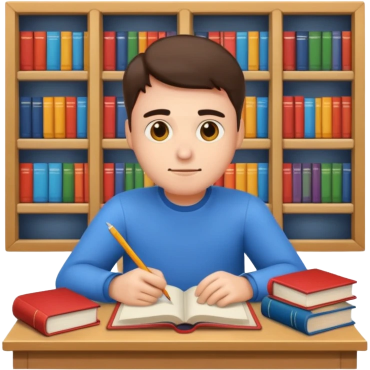 emoji man student studying at home with books, bored, room, white background emoji
