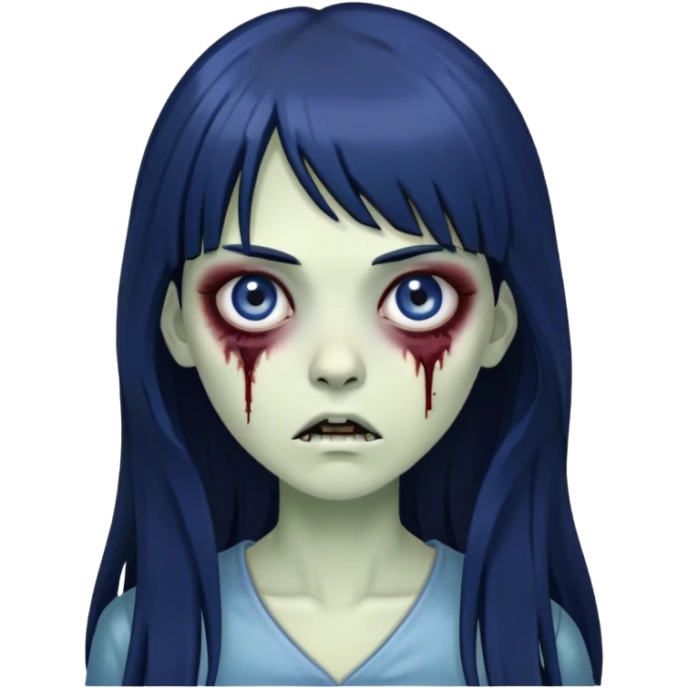 mulher zumbi com cabelo longo preto azulado, franja, olho puxado, olhos escuros  emoji