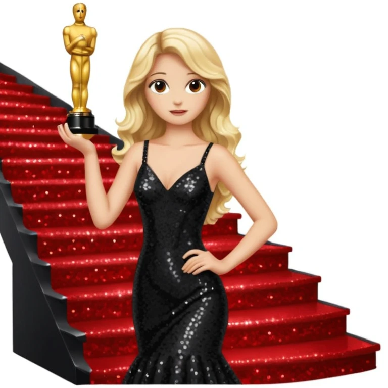 blonde model, brown eyes, long wavy hair, oscars red carpet, black sequin, holding oscar, sparkly red staircase  emoji