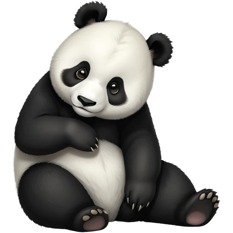 cinematic-[panda bear]-realistic-full-body-sitting-emoji,-tail-tucked-close,-head-tilted-dramatically,-thick-[black and white]-fur,-simplified-yet-realistic-focused-features,-highly-detailed,-glowing-with-an-almost-sarcastic-glow emoji