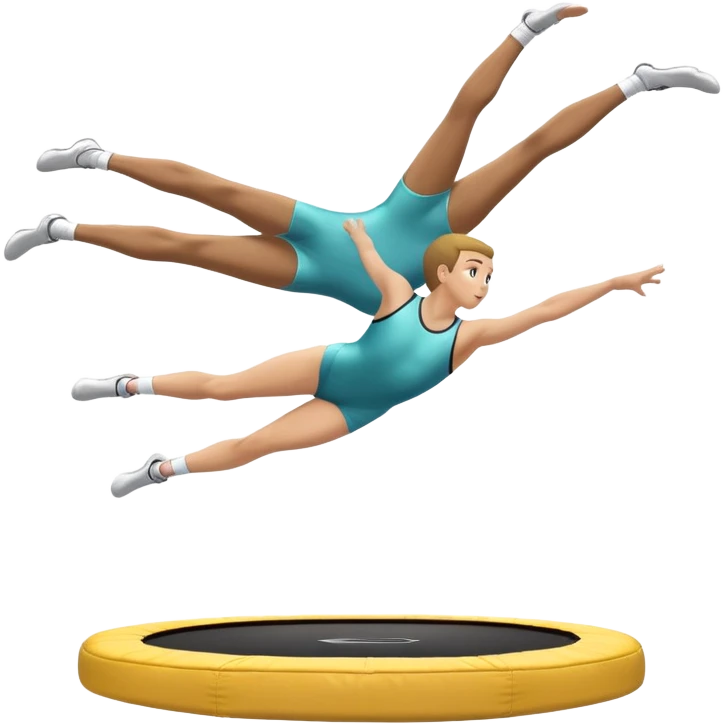 An athletic person soaring high above a trampoline, executing an acrobatic flip with perfect form. The scene captures motion and energy, with a dynamic pose, stretched limbs, and a focused expression. The background suggests a professional trampoline arena with safety padding. emoji