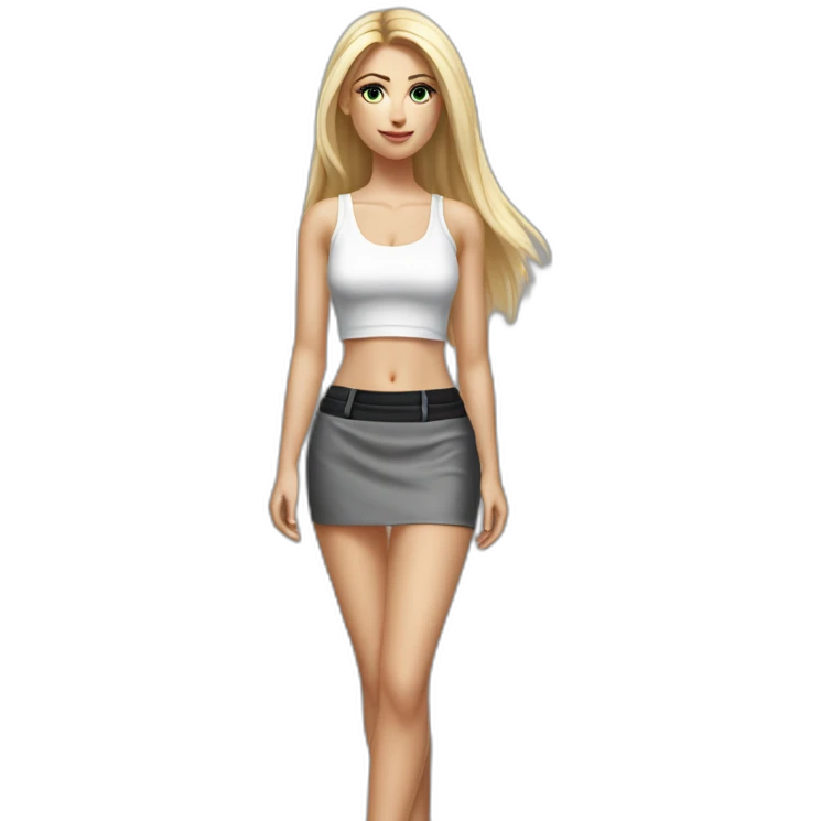 hyperrealist caucasian long straight blonde hair dark eyes sexy woman white crop tank top gray tight mini skirt black high heel shoes full body emoji