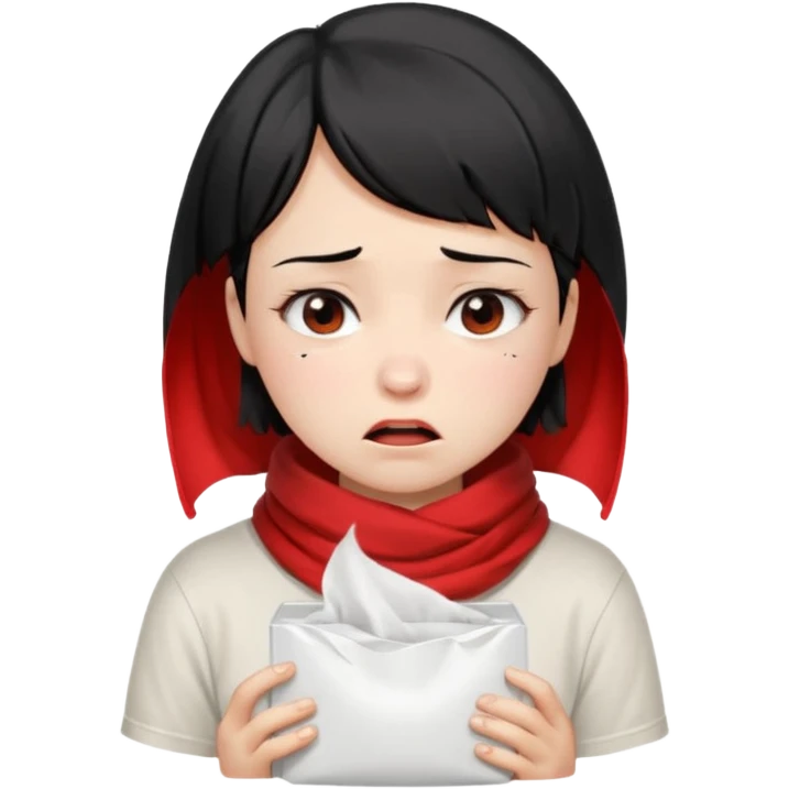 a pretty bratz fair girl crying in a loose oversized off white tshirt and red scarf with short black hair with a tissue box emoji
