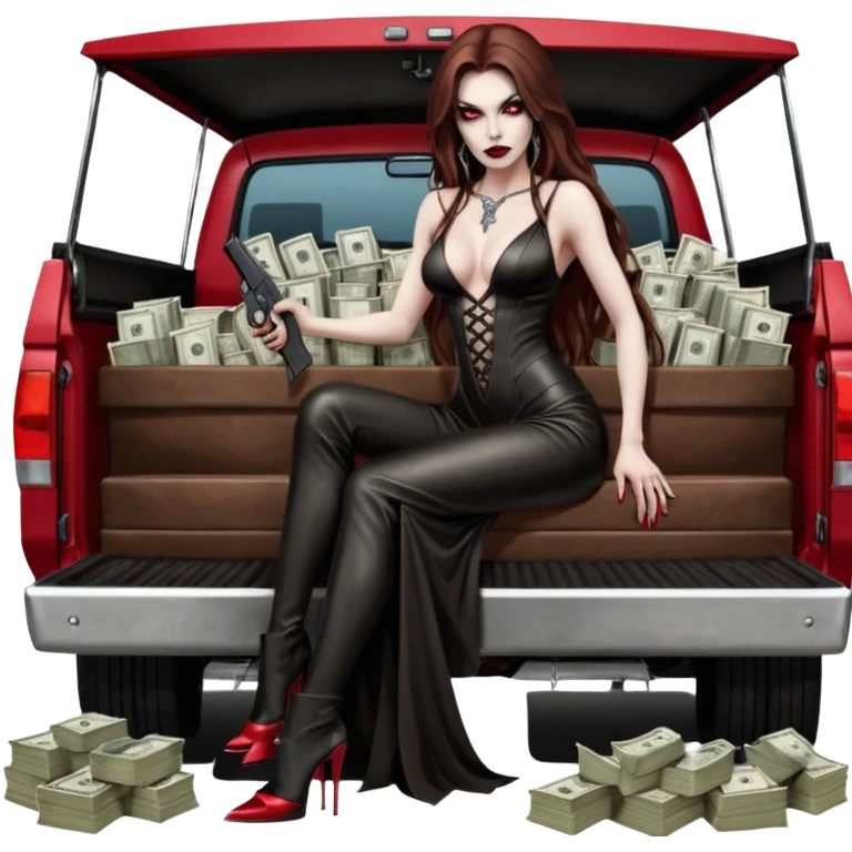 Lilith red eye seductress evil long brown haired sexy succubus woman with leather long seductive dress on, sitting in Big Large F350 pickup truck. Wearing super tall black platform high heels, Back seat full of stacks of cash, she is  Holding a human skull of her enemies and a gun in other hand emoji