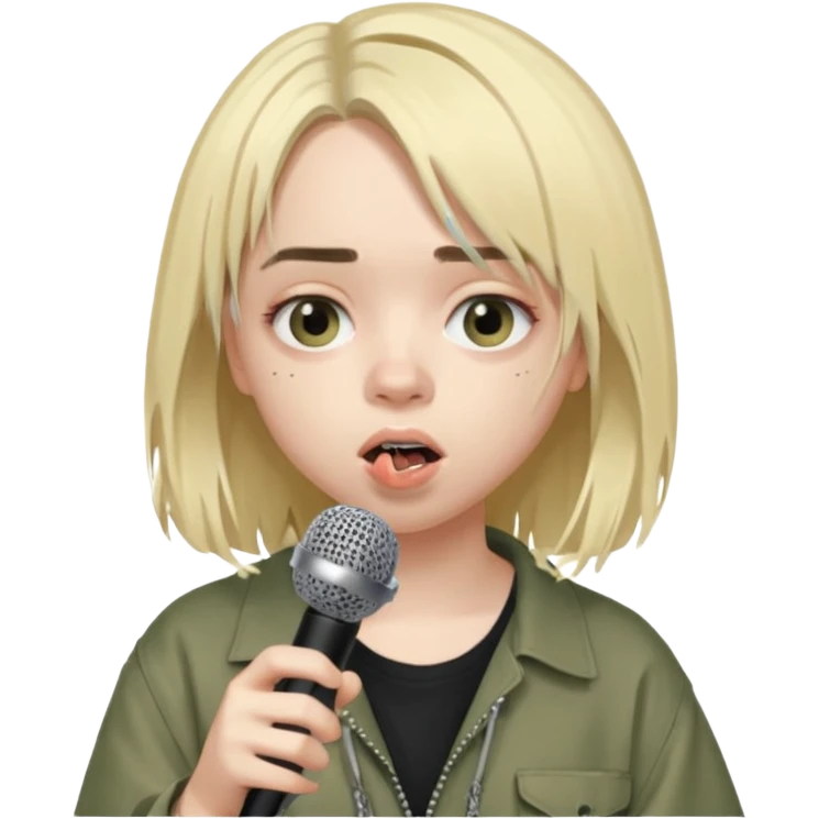 billie eilish is singing, holding mirco emoji
