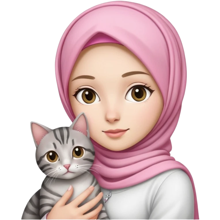 White girl wearing pink hijab with white dress holding a black and grey tabby cat emoji