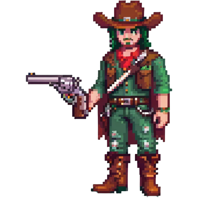 Green-clad cowboy character with revolver gun and boots emoji