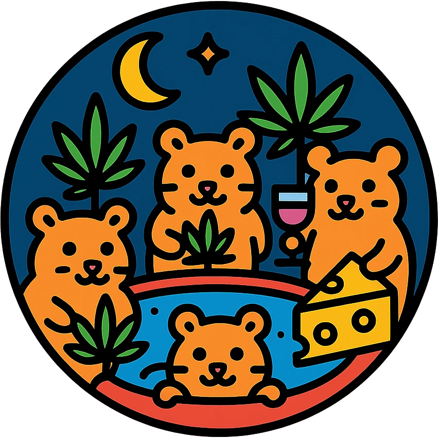 circular centered composition of a hamster cult weed and cheese pool party at night, outlined and graphic, color outline style emoji