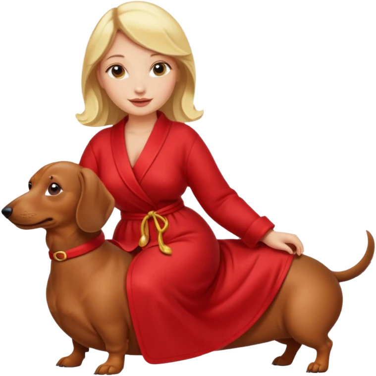 A blonde curvy woman riding on top of a dachshund wearing a red robe emoji