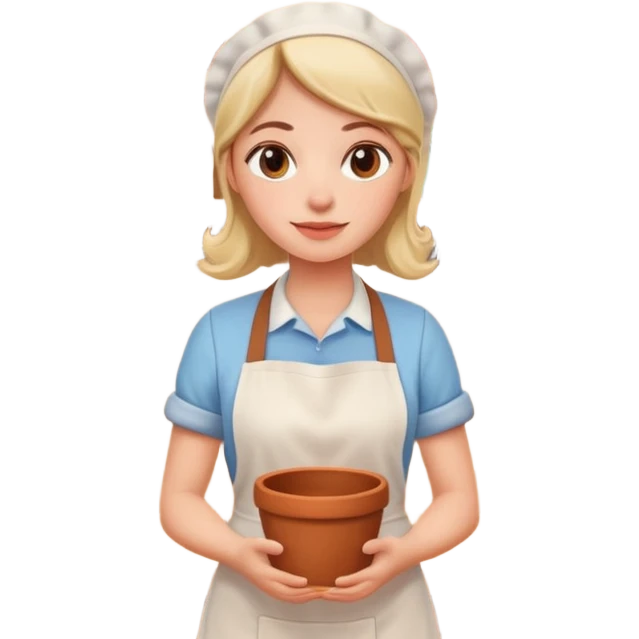 cartoon Apple iOS emoji style woman, pastel colors, Chilean wooden kitchen background, clay pots, warm light, detailed and clean vector art emoji