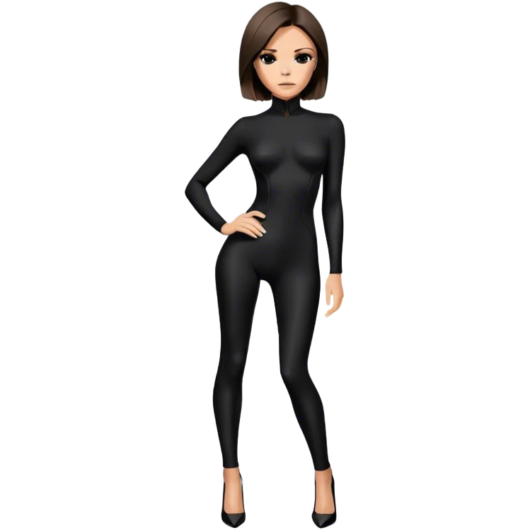 Victoria Beckham with light skin, short dark brown bob, black catsuit wearing black heels emoji