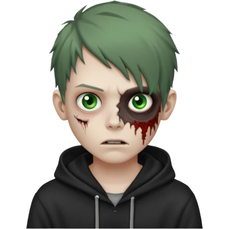 Zombie boy with green-gray eyes, with messy emo brown hair, wearing only a hoodie emoji