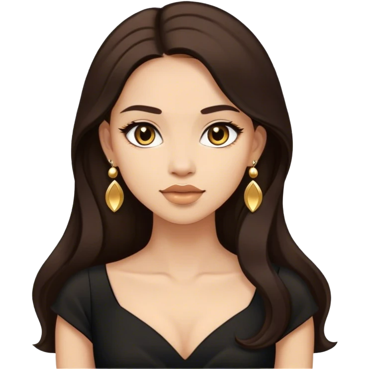 Beautiful woman,cute, long dark brown hair in dark dress with gold earrings emoji