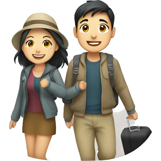 Cute young  Asian couple excitedly traveling  emoji