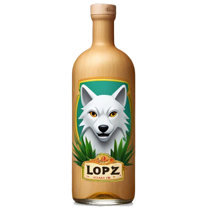 A tequila blanco classic long cylindrical bottle with a wolf on top of the label, "Lopez" on the middle, and agave plants on the bottom. The cap is made of light wood. emoji