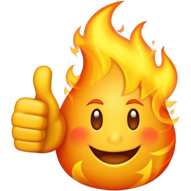 flaming thumbs up emoji, flames around the thumb, energetic emoji