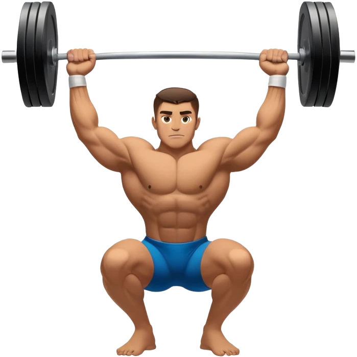 Emblem representing weightlifting with a strong athlete in a classic lifting stance, holding a barbell overhead. Dynamic, powerful pose with a focus on strength. Clean lines, bold silhouette, and transparent background, symbolizing the intensity and discipline of the sport emoji