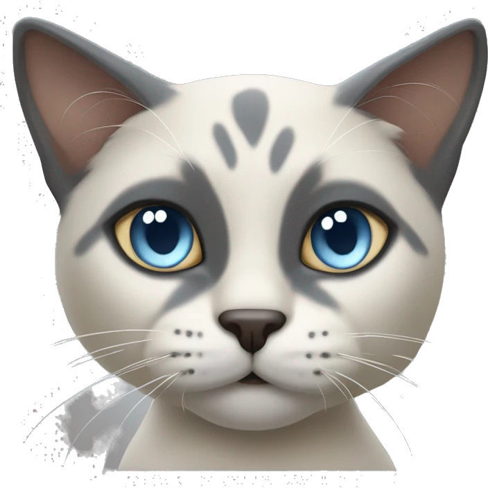 Thai breed cat with a  cream body, dark gray face, ears, and paws. Short fur, sharp ears, and striking light blue eyes with an intense gaze. emoji