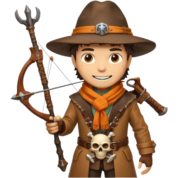 male human monster hunter emoji, wearing brown leather coat and wide hat, holding crossbow, with amulet shaped like skull, Halloween fantasy theme, confident smile, orange scarf, Apple emoji style, clean white background, square image emoji