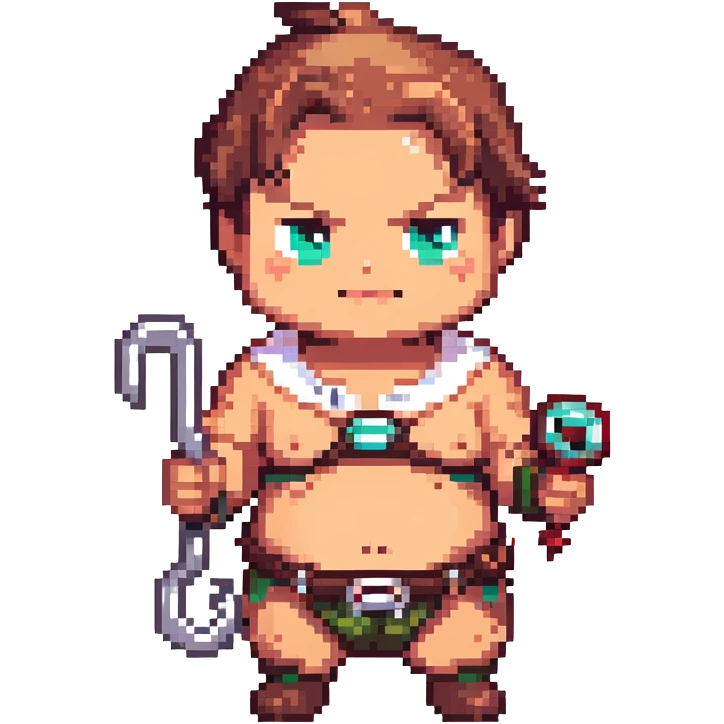 chibi Pudge from Dota 2, happy, holding hook, colorful, cute, pixel art style, standing, transparent background, 512x512 emoji