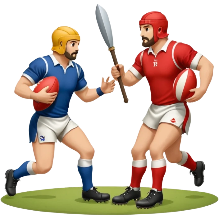 Batalla medieval protagonizada por jugadores y jugadoras de rugby con botas de rugby agarrando armamento y balones emoji