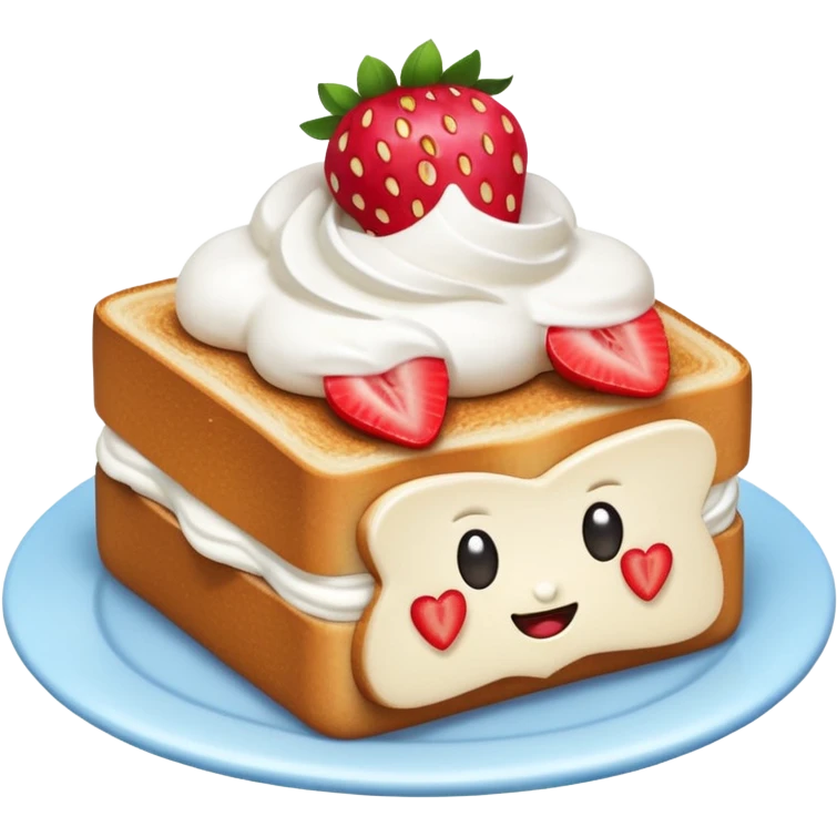 emoji illustration of a square toast topped with fluffy white cream, decorated with a strawberry bow made from two strawberry halves and a small sliced center, bright red and glossy, Clean soft shading, kawaii emoji style, centered object, no plate, no background, high detail, pastel tone emoji