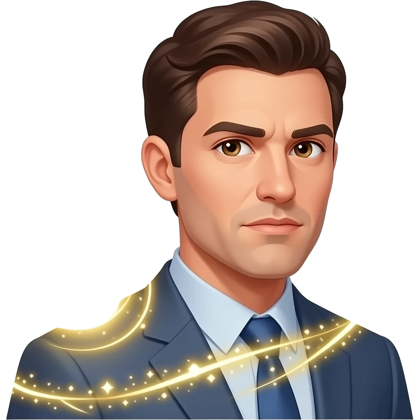 A informal man, glowing magical flow, a floating Facebook logo on the shoulder, looking at viewer with serious. Text on below: 'What's your topic, Ms. ?'. Shimmering gold energy, flat vector style, sharp edges emoji