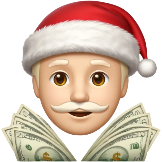 A confident rich emoji face wearing a Santa hat, money stacks, casino vibe, New Year theme, premium 3D emoji style, sharp details, no text, isolated on transparent background emoji