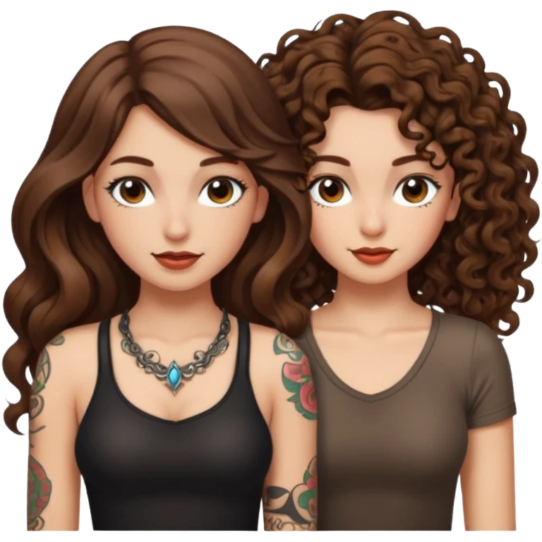 pact wink — long wavy brown hair tattooed woman and short tight curly brown hair woman — secret look emoji
