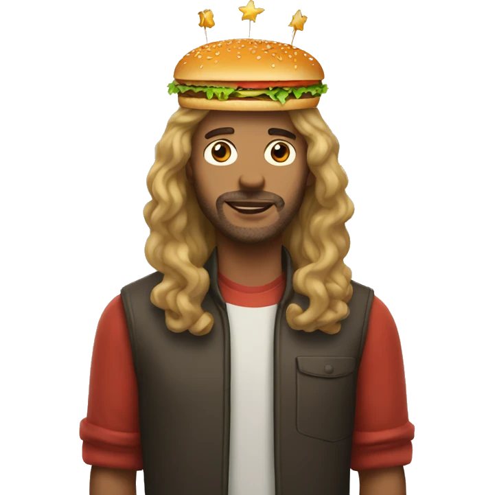 Man with long hair wearing burger kind crown  emoji