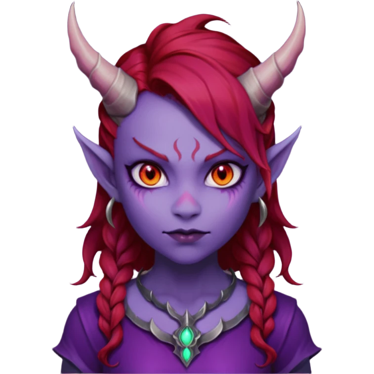 Demon Girl Purple Skin Dragon Horns Black Eyes Red Glowing Pupils Auburn Haired Red Shirt  emoji