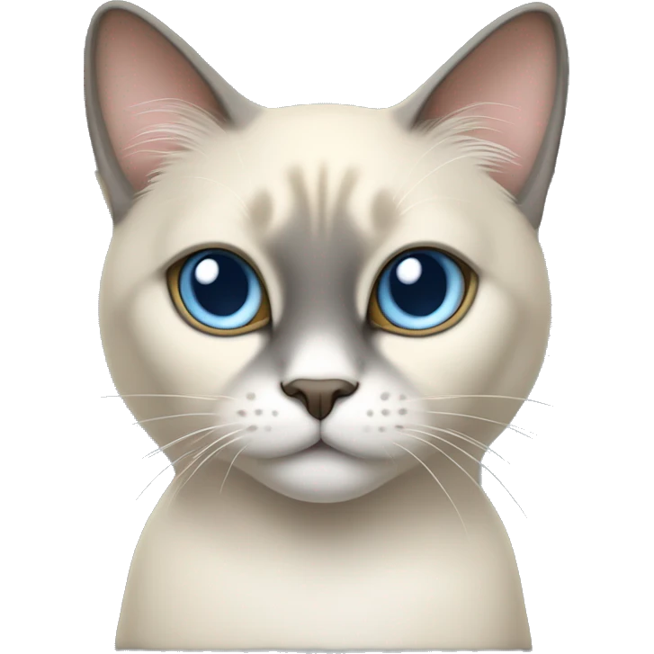 Thai breed cat with a light cream body, dark gray face, ears, and paws. Short fur, sharp ears, and striking light blue eyes with an intense gaze. emoji
