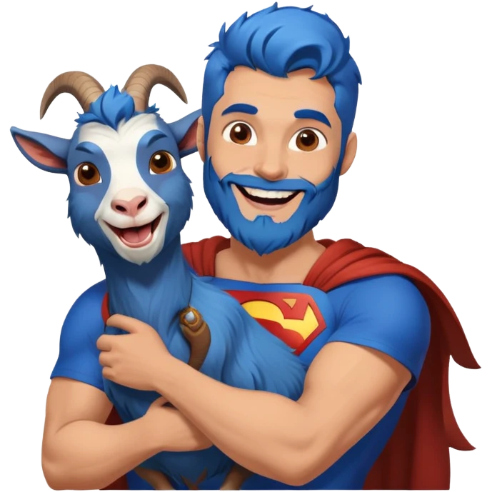 Adult Superman with redish brownish full beard with his arm around a blue hair laughing goat emoji
