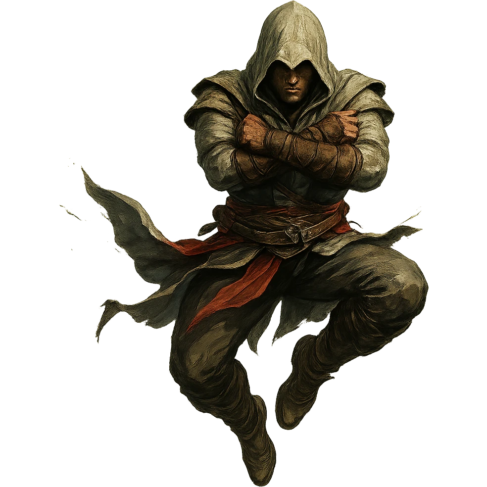 figure leaping with arms crossed, inspired by Assassin's Creed, dynamic action emoji