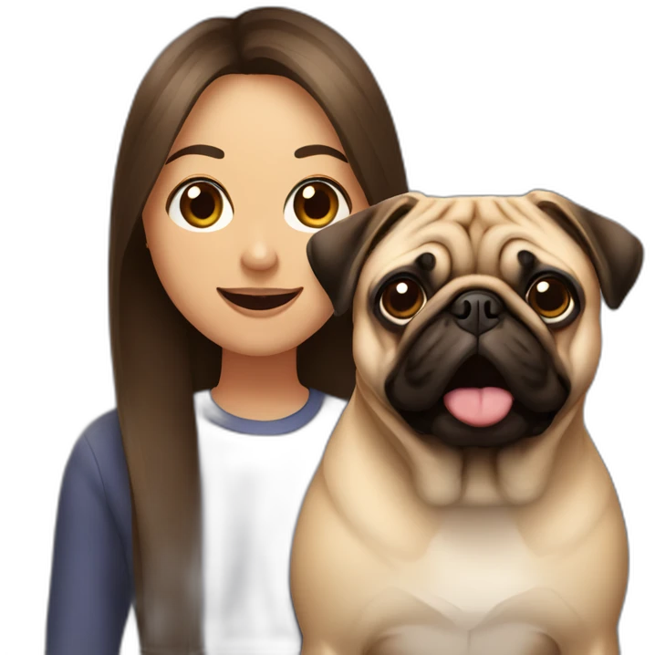 woman with long straight brown hair and a pug with its tongue out in the foreground emoji