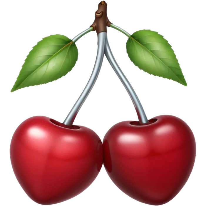 A pair of cherries emoji made of polished silver chrome, smooth rounded shapes, glossy metallic finish, soft highlights and reflections, cute proportions, iOS emoji style, centered, clean white background, no text emoji
