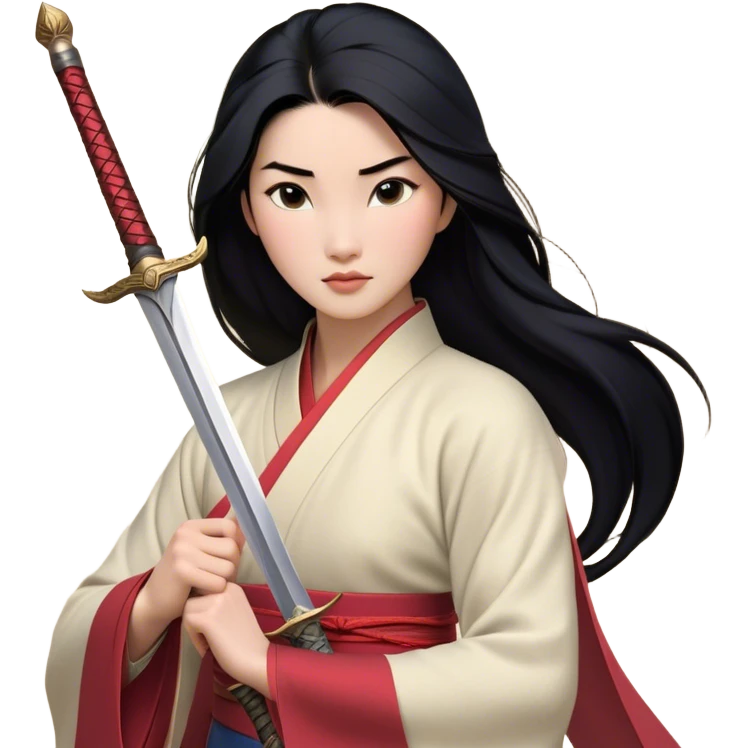 Cinematic Realistic Mulan Portrait, depicted with lifelike skin texture, soft natural lighting, and intricately detailed long black hair styled elegantly. Her deep, expressive eyes exude determination and grace, complemented by a serene yet confident expression. She stands with one hand resting on the hilt of her sword, the other by her side, exuding strength and poise. She is dressed in her classic attire, with rich fabric textures and delicate folds that catch the light beautifully. The portrait features a soft, enchanting glow with a natural, radiant finish, capturing the essence of timeless strength and beauty in a realistic and painterly style, evoking a sense of depth and authenticity. emoji