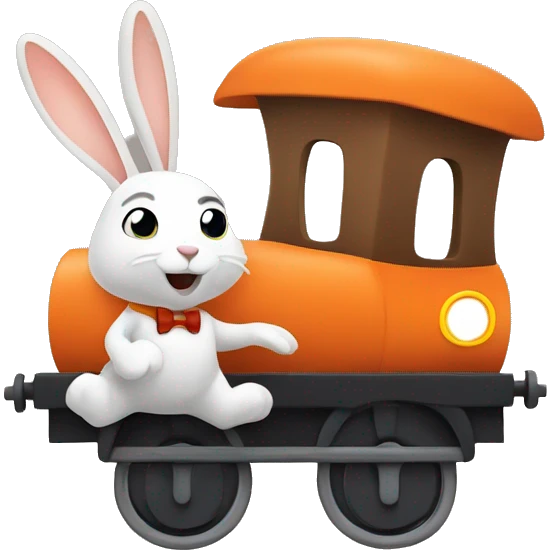 rabbit conductor riding a train that is shaped like a carrot emoji