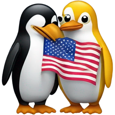 two penguins embracing, one holding the flag of Venezuela and the other holding the flag of the United States  emoji