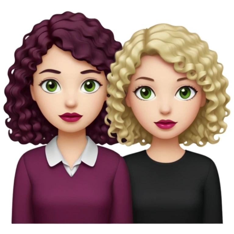 Una chica con el cabello ligeramente ondulado, rubio no tan oscuro, labios en un tono rosa, ojos café y una blusa blanca. Al lado otra chica con el cabello negro rizado, ojos verdes, labios color vino tinto y una blusa negra emoji
