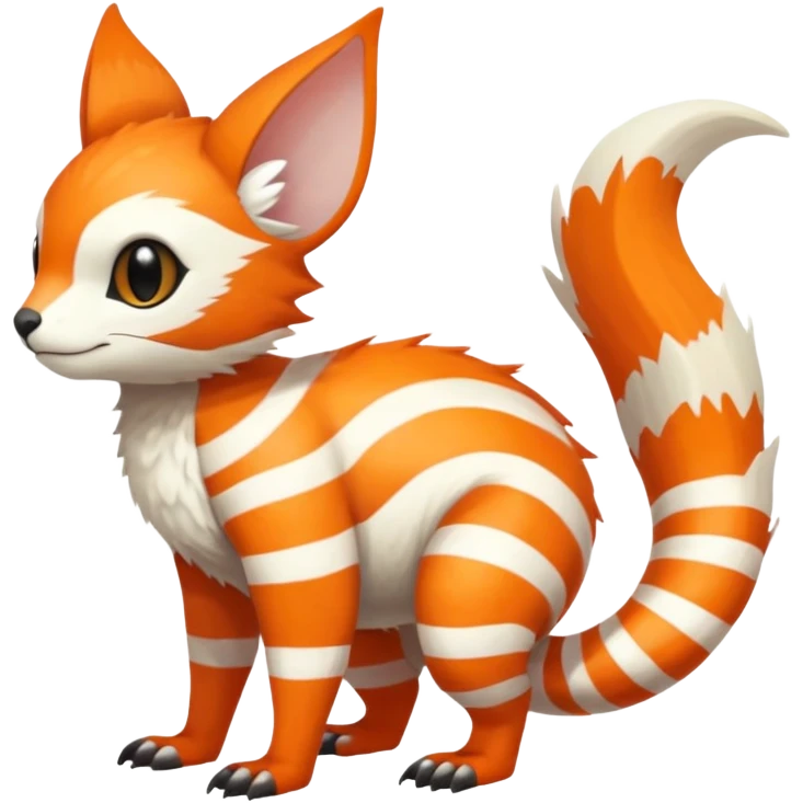 lush warm-colored Fakémon-Trico-creature (full body) with white cheek markings, white-striped tail emoji