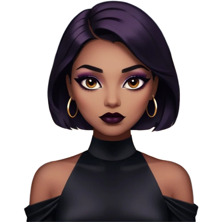 A half-body shot of a woman with bold makeup, including deep eyeliner and dark lipstick. Her outfit is a sleek, black satin dress, and she has a powerful, intense look. The background is a dimly lit, moody space with soft bokeh lights emoji